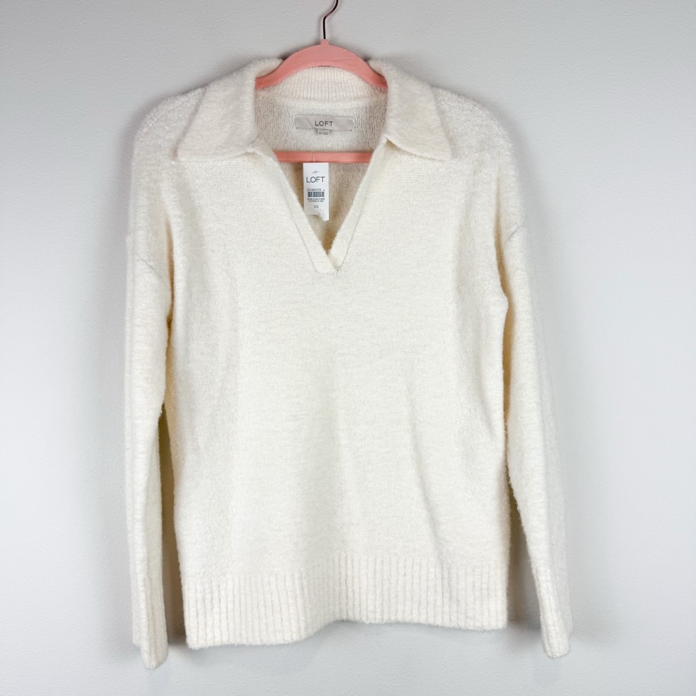 NWT LOFT Boucle Polo Sweater Ivory‎ Cream Soft Knit Size XS - Picture 2 of 9